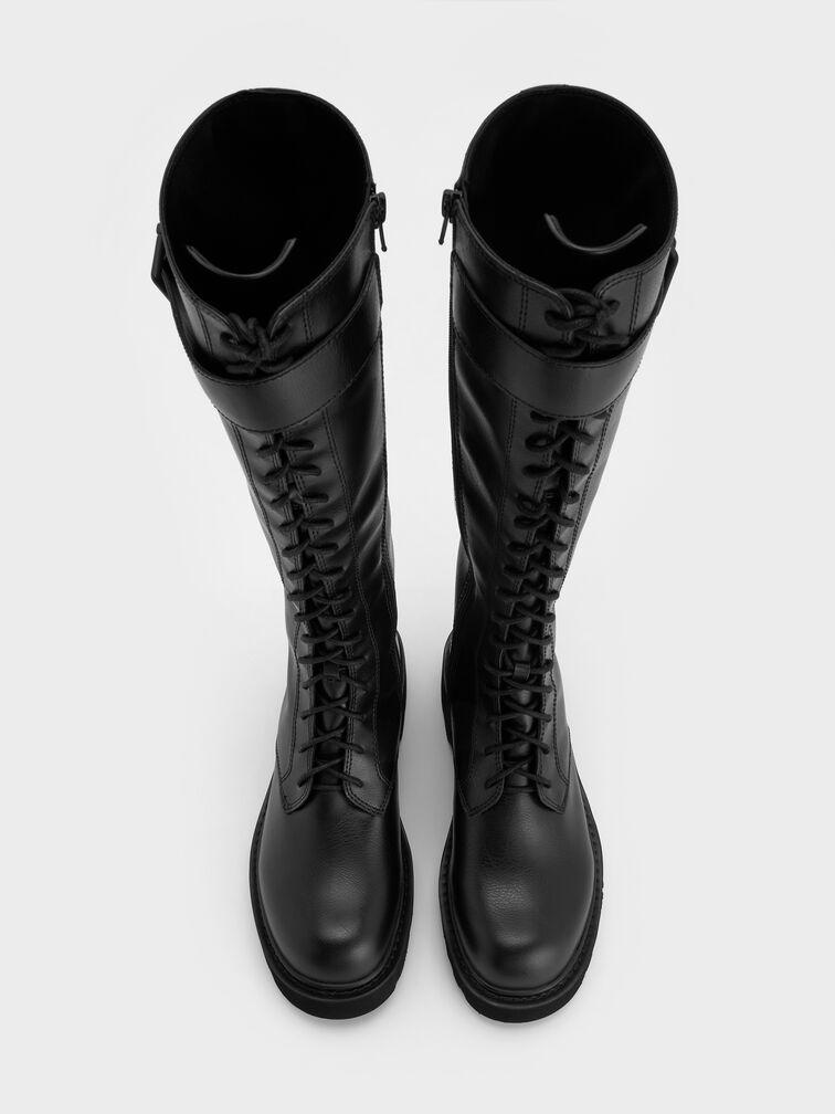 Darian Lace-Up Buckle-Strap Knee-High Boots, Black, hi-res