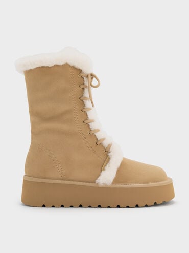 Faux Suede & Faux Fur Foldover Flatform Boots, Sand, hi-res