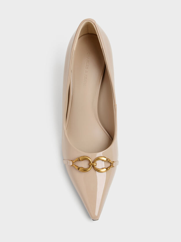 Patent Metallic-Buckle Pointed Pumps, Nude, hi-res