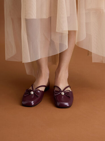 Pearl-Accent Bow Flat Mules, Burgundy, hi-res