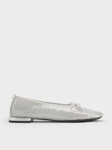 Sequin Mesh & Leather Bow Ballet Flats, Silver, hi-res