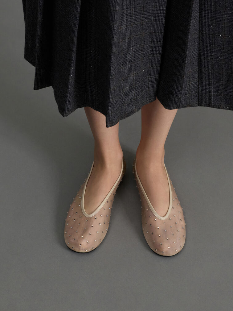 Mesh Crystal Ballet Flats, Beige, hi-res
