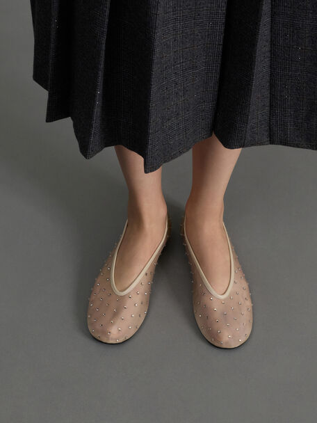 Mesh Crystal Ballet Flats, Beige, hi-res