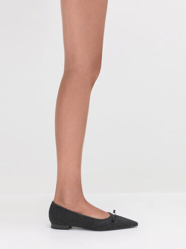 Felt Bow Metallic-Accent Pointed-Toe Ballet Flats, Dark Grey, hi-res
