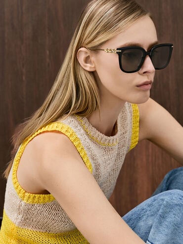 Kris Chain-Detail Sunglasses, Black, hi-res