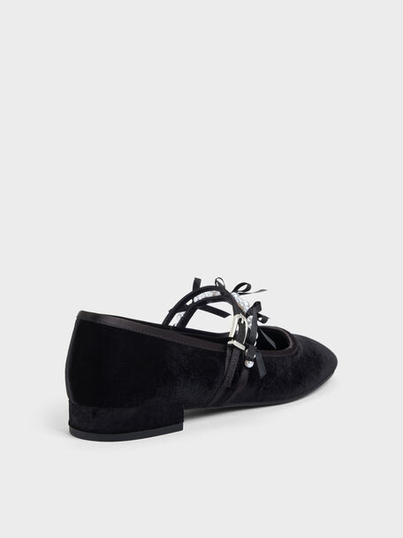 Noelie Velvet & Satin Pearl-Bow Mary Janes, Black Textured, hi-res