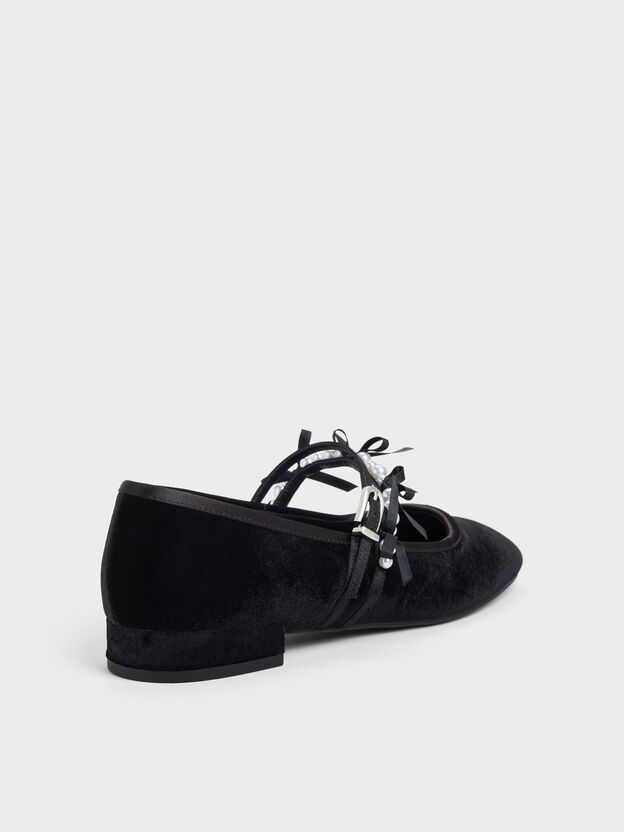 Noelie Velvet & Satin Pearl-Bow Mary Janes, Black Textured, hi-res