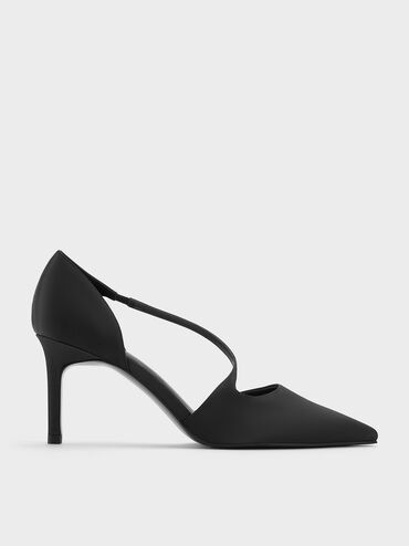 Satin Asymmetric-Strap D’Orsay Stiletto Pumps, Black Textured, hi-res