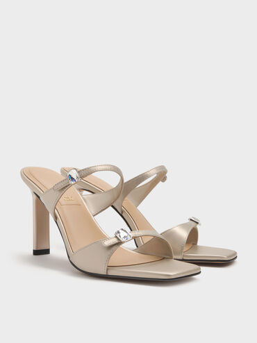 Pearlescent Leather Gem-Buckle Double-Strap Heeled Sandals, Ivory, hi-res