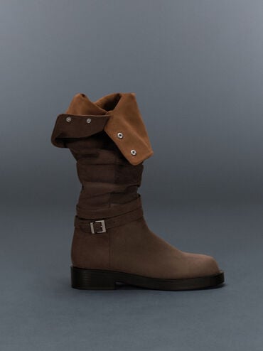 Ellis Faux Suede Ruched Buckled Fold-Over Thigh-High Boots, Dark Brown Textured, hi-res