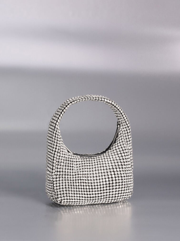 Crystal-Embellished Hobo Bag, Silver Crystal-Embellished Hobo Bag, Silver, hi-res