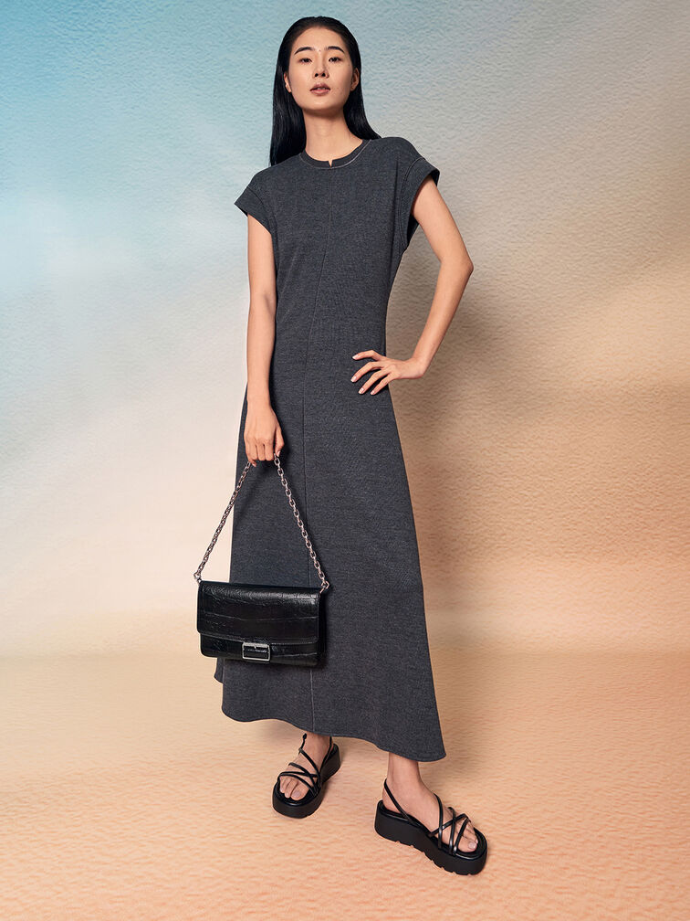 Liv Croc-Effect Grommet Chain-Handle Shoulder Bag, Noir, hi-res