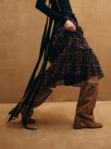 Robbie Faux Suede Side-Buckle Block-Heel Knee-High Boots, Brown, hi-res