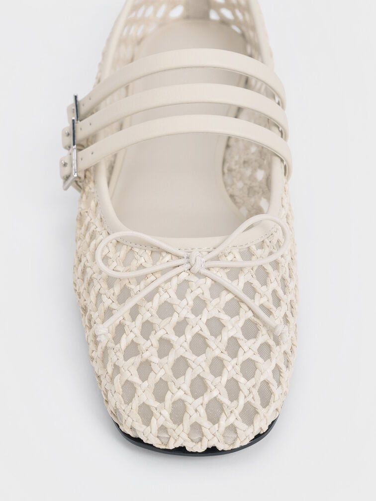 Woven Triple-Strap Mary Janes, Chalk, hi-res