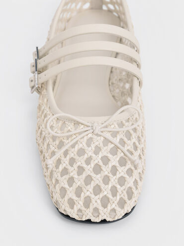 Woven Triple-Strap Mary Janes, Chalk, hi-res