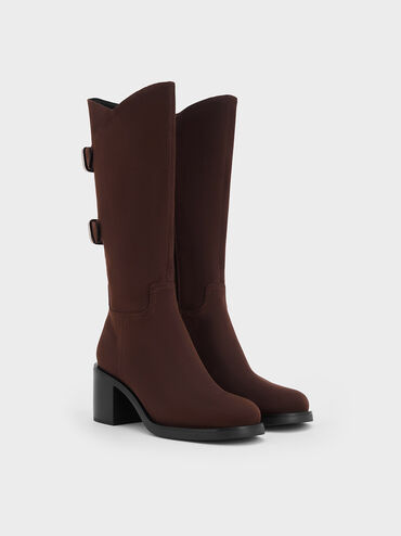 Masei Faux Suede Grommet-Strap Knee-High Boots, Dark Brown, hi-res