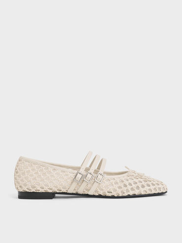 Woven Triple-Strap Mary Janes, Chalk, hi-res