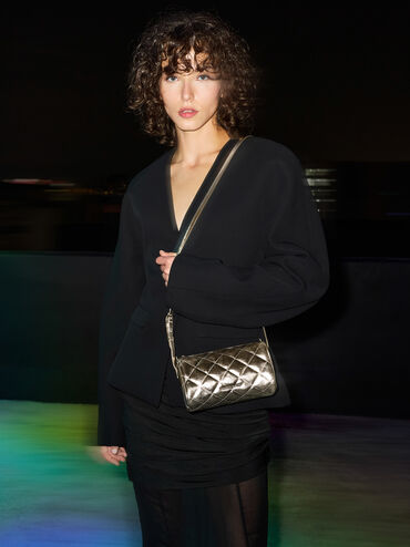 Janie Metallic Quilted Shoulder Bag, Champagne, hi-res
