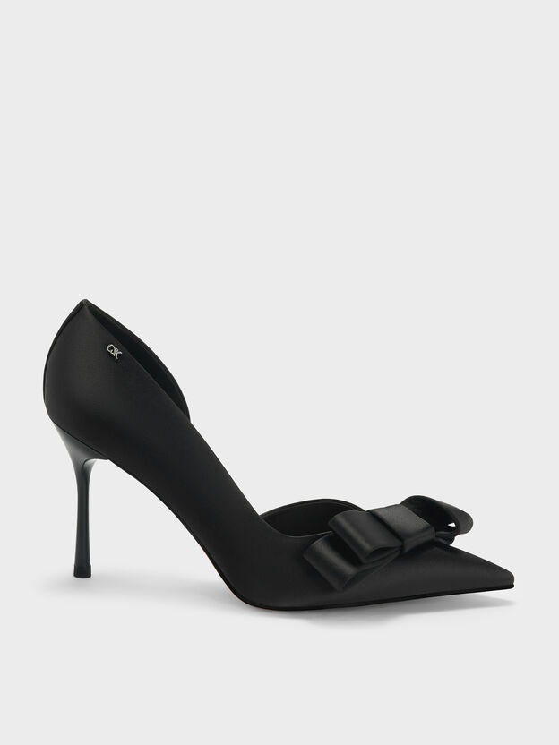Pleated-Bow Pointed D'Orsay Pumps, Black Textured, hi-res