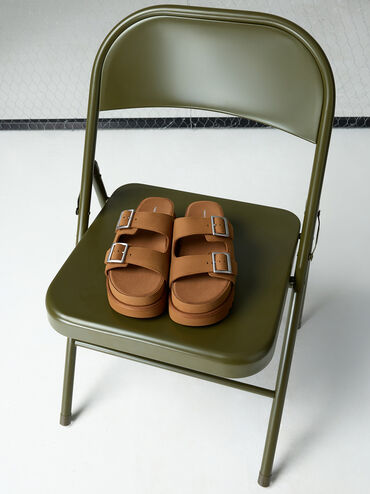 Buckled Double-Strap Flatform Sandals, Brown, hi-res