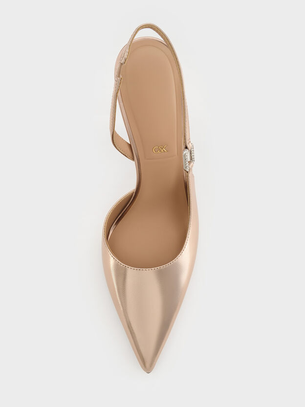 Metallic Leather Crystal-Buckle Slingback Pumps, Bronze, hi-res