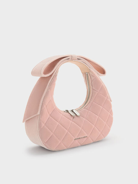 Janie Velvet Quilted Bow-Handle Bag, Pink, hi-res