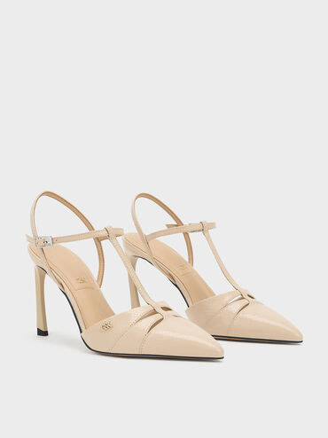 Leather Snake-Print T-Bar Pointed-Toe Pumps, Animal Print Sand, hi-res