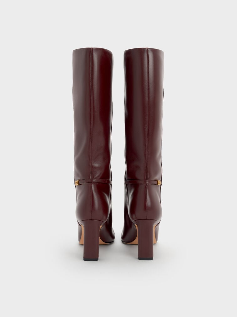 Georgina Leather Tapered Square-Toe Blade-Heel Knee-High Boots, Burgundy, hi-res