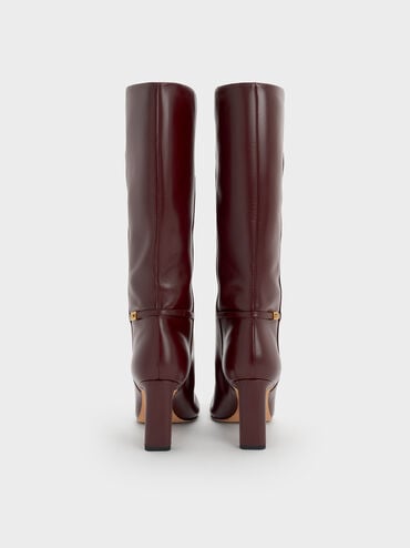 Georgina Leather Tapered Square-Toe Blade-Heel Knee-High Boots, Burgundy, hi-res