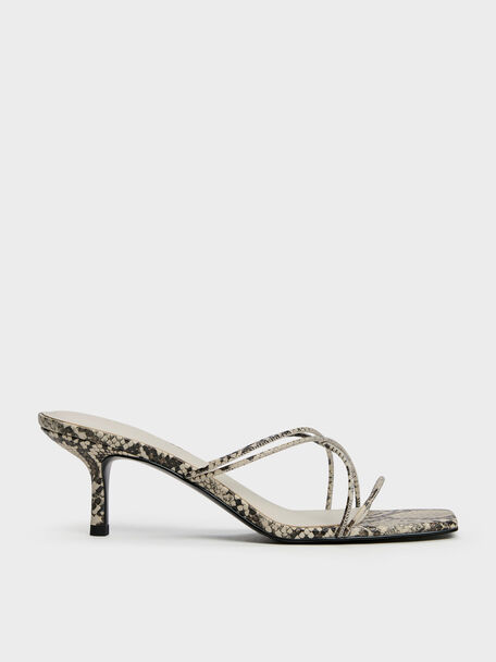 Snake-Print Strappy Heeled Sandals, Animal Print Natural, hi-res