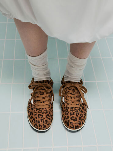 Faux Suede Leopard-Print Low-Top Sneakers, Animal Print Brown, hi-res