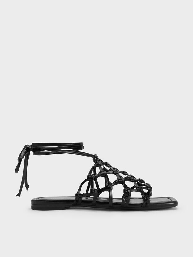 Woven Tie-Around Net Sandals, Black, hi-res