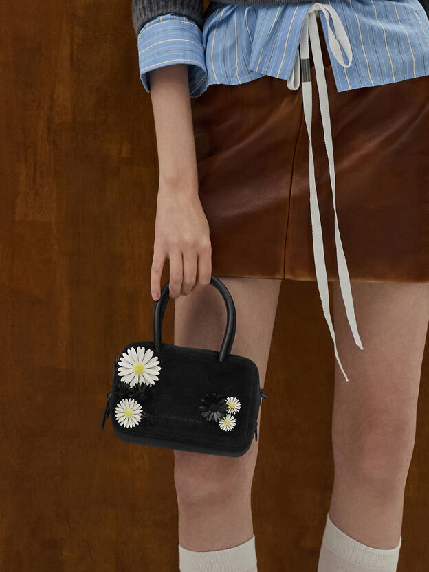 Perline Boxy Top Handle Bag With Floral Appliques, Jet Black, hi-res