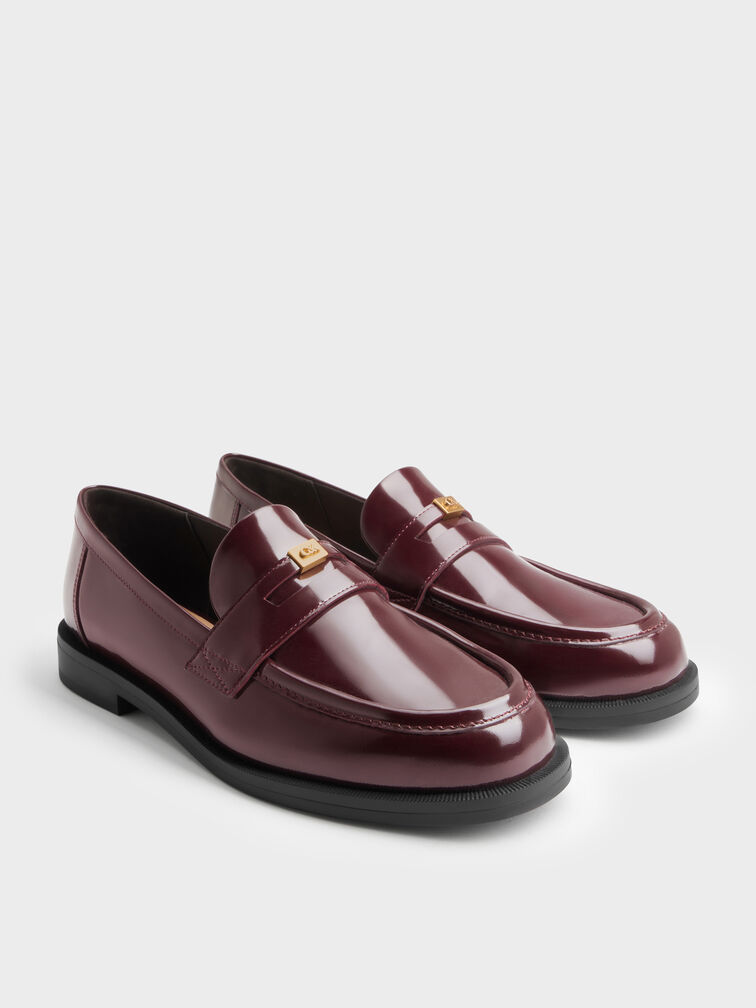 Georgina Leather Metallic-Accent Penny Loafers, Burgundy, hi-res