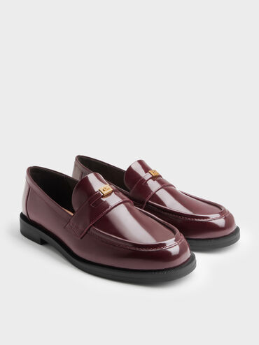 Georgina Leather Metallic-Accent Penny Loafers, Burgundy, hi-res