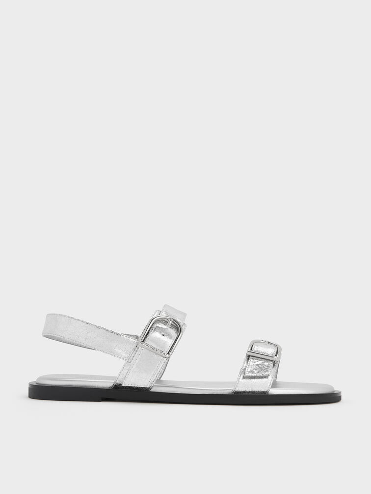 Metallic Double Buckle-Strap Slingback Sandals, Silver, hi-res
