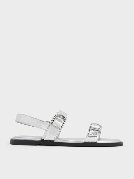 Metallic Double-Strap Slingback Sandals, Silver, hi-res