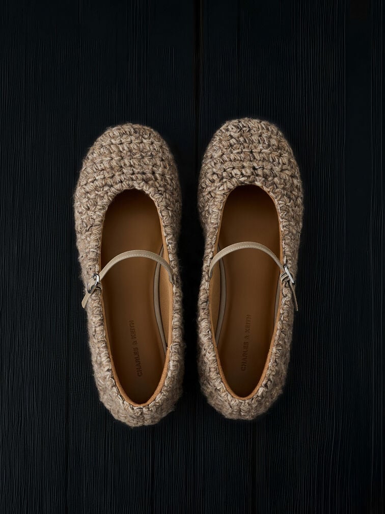 Crochet Mary Jane Flats, Taupe, hi-res