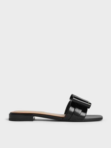 Lu Patent Leather Bow Slide Sandals, Black Patent, hi-res