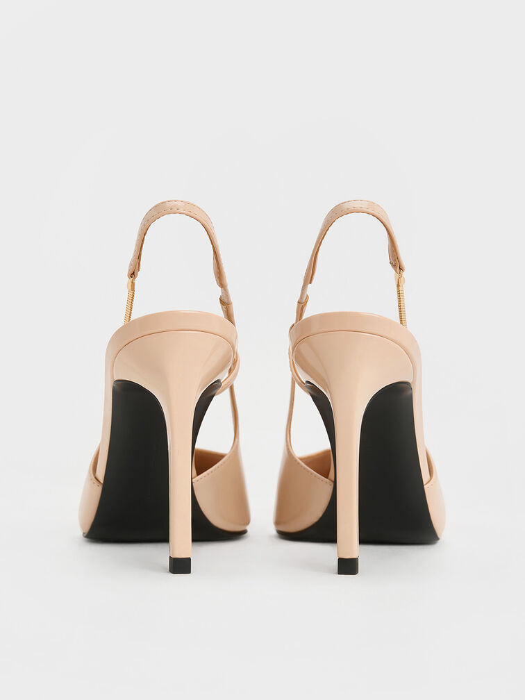 Chain-Strap Pointed-Toe Slingback Pumps, Nude, hi-res
