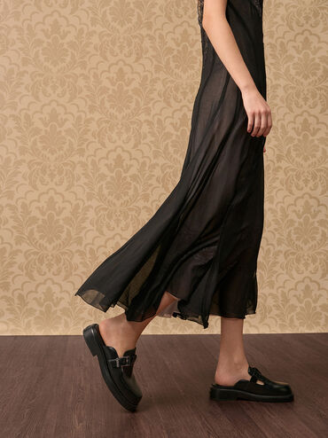 Leather Buckled Mules, Black, hi-res