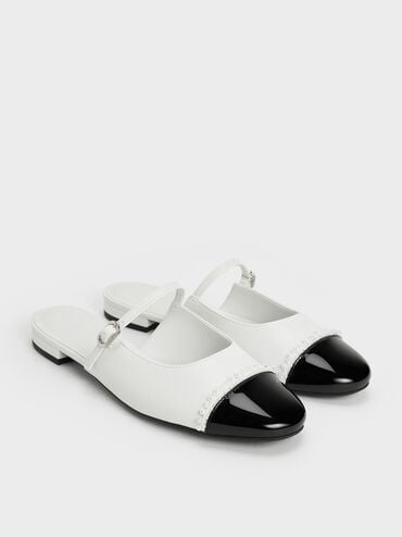 Pearl-Embellished Cap-Toe Flat Mules, White, hi-res