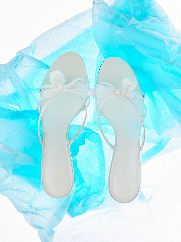 Bow Flower-Pearl Heeled Mules, White, hi-res