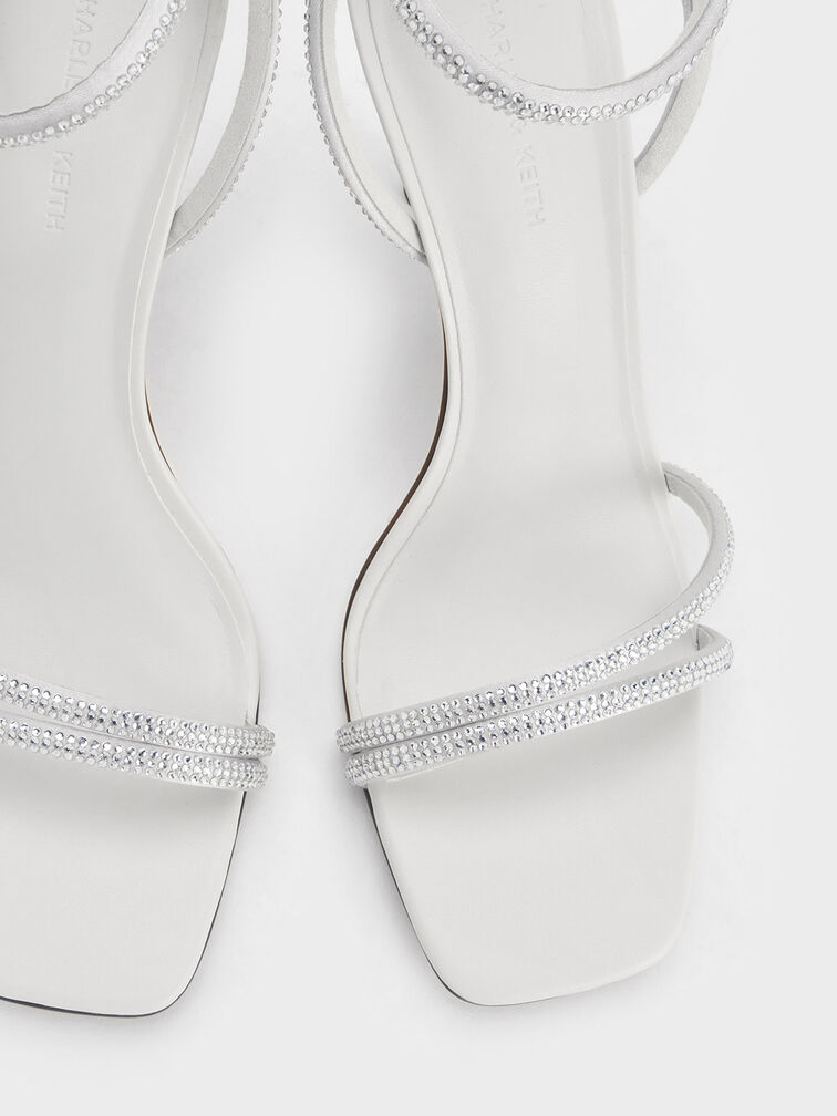 Satin Crystal-Embellished Asymmetric Heeled Sandals, White, hi-res