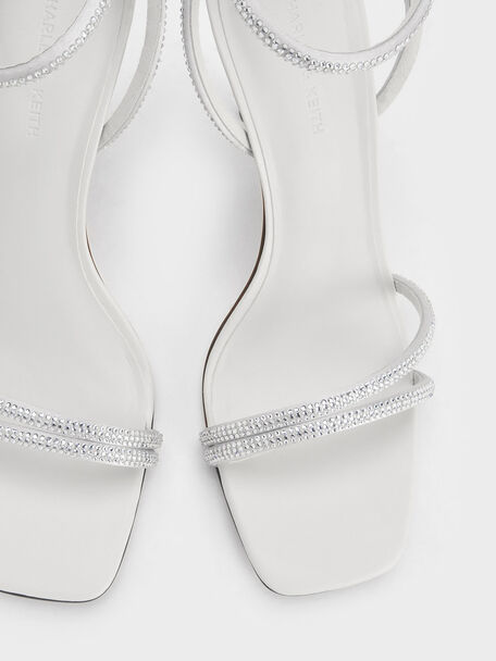 Satin Crystal-Embellished Asymmetric Heeled Sandals, White, hi-res