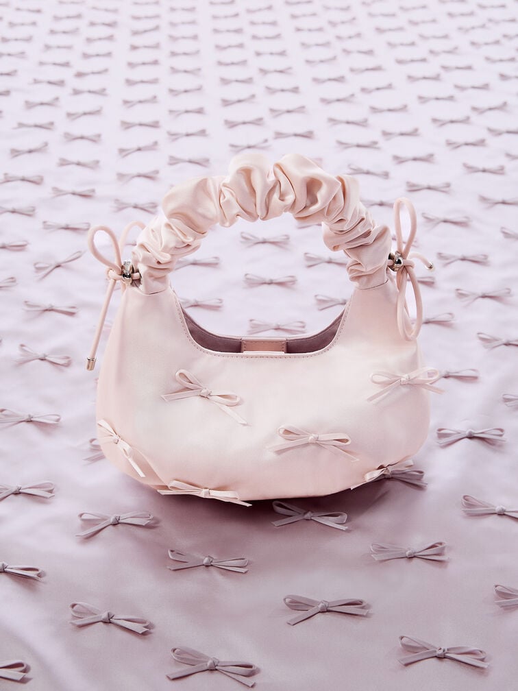 Satin Bow Ruched-Handle Bag, Baby Pink, hi-res