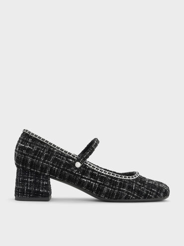 Tweed Braided-Chain Block-Heel Mary Jane Pumps, Black Textured, hi-res