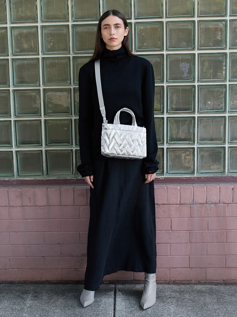 Nylon Chevron Boxy Tote Bag, Silver, hi-res