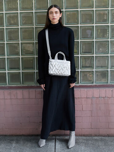 Nylon Chevron Boxy Tote Bag, Silver, hi-res