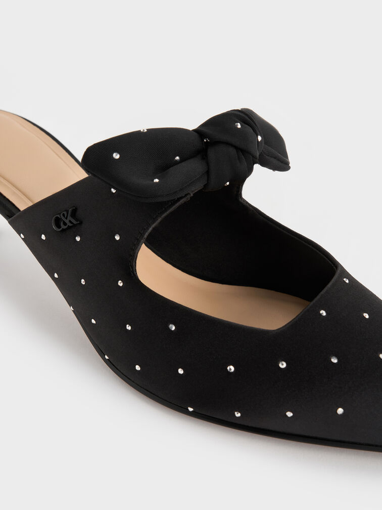 Jayce Dotted Knot-Bow Kitten-Heel Mules, Black Textured, hi-res